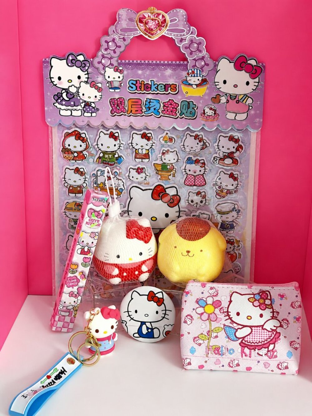 Hello Kitty Sanrio Gift Bundle Squishies Keychain Pin Pen 60 Puffy Stickers
